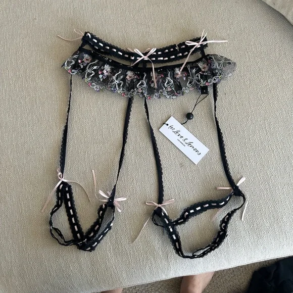 For Love And Lemons Black and Pink Lace Garter Belt set